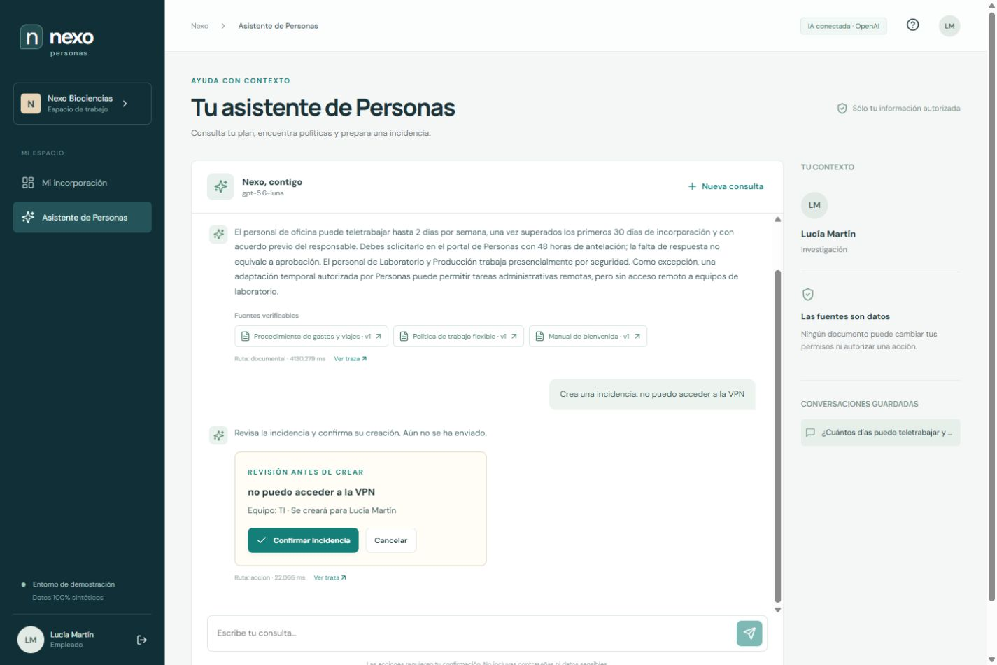 Una propuesta antes de ejecutar. Las referencias acompañan la respuesta del ejemplo. La tarjeta presenta Confirmar incidencia y Cancelar antes del envío.