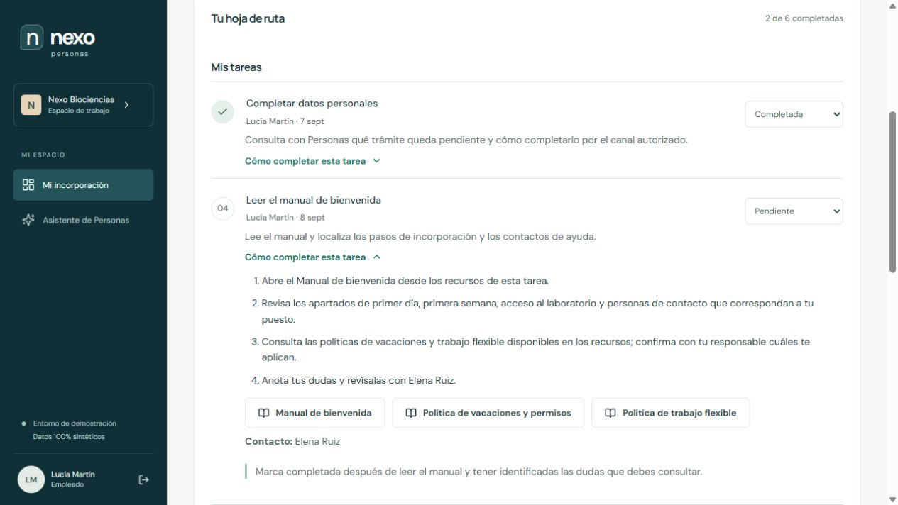 Plan de incorporación en Nexo Personas. La tarea desplegada conserva pasos y documentos de apoyo. La interfaz identifica el entorno y sus datos como sintéticos.