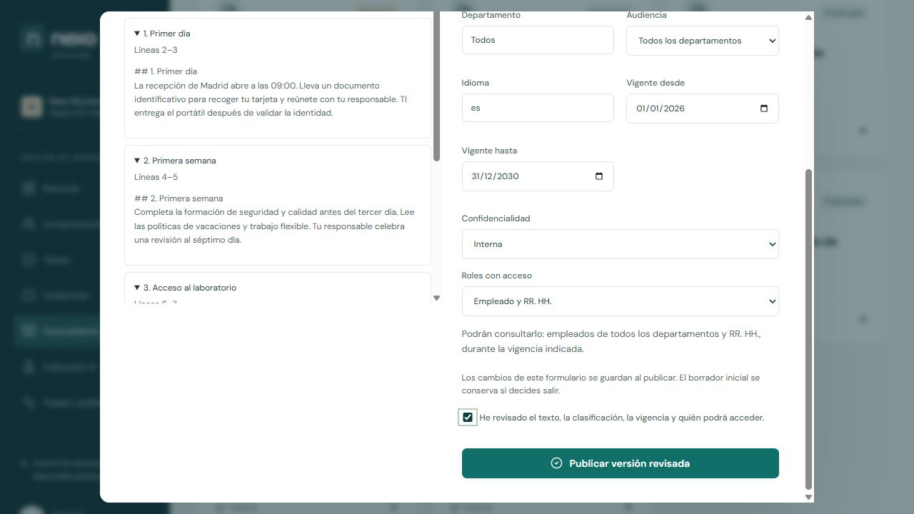Publicación de una fuente revisada. Las secciones mantienen sus rangos de líneas. Roles, confidencialidad y confirmación de revisión preceden a publicar.