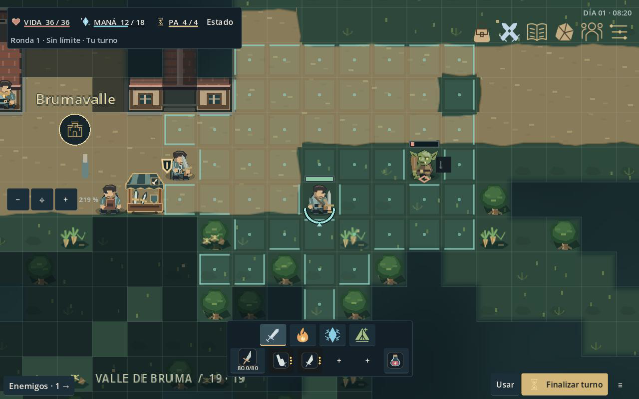 Un encuentro táctico en Umbral. Vida, maná y puntos de acción permanecen visibles. Turno y ronda sitúan al personaje frente a la criatura.