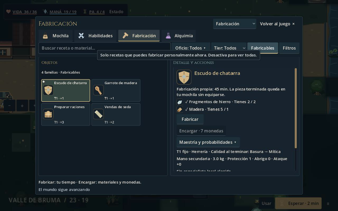Preparar un escudo. El escudo de chatarra tiene una receta seleccionada. Los materiales disponibles se comparan con los necesarios.