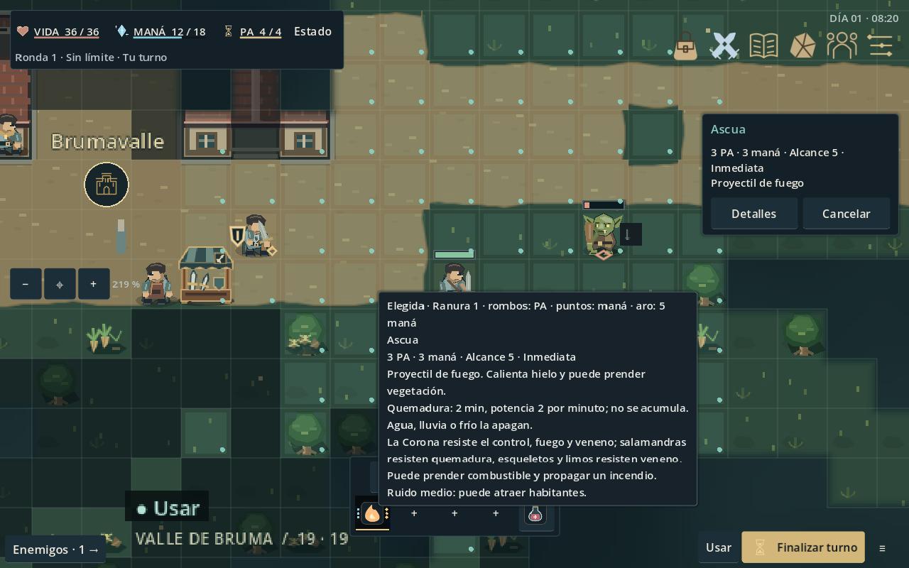 Elegir una técnica en Umbral. La ficha de Ascua muestra puntos de acción y maná. Alcance y detalles acompañan la selección.
