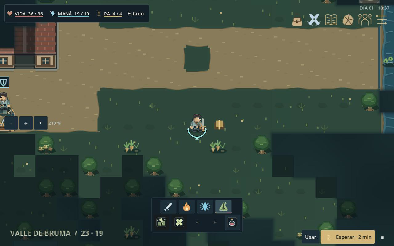 Exploración real en Umbral. La vista del terreno convive con personaje y estado del mundo. El reloj y los recursos acompañan la exploración.