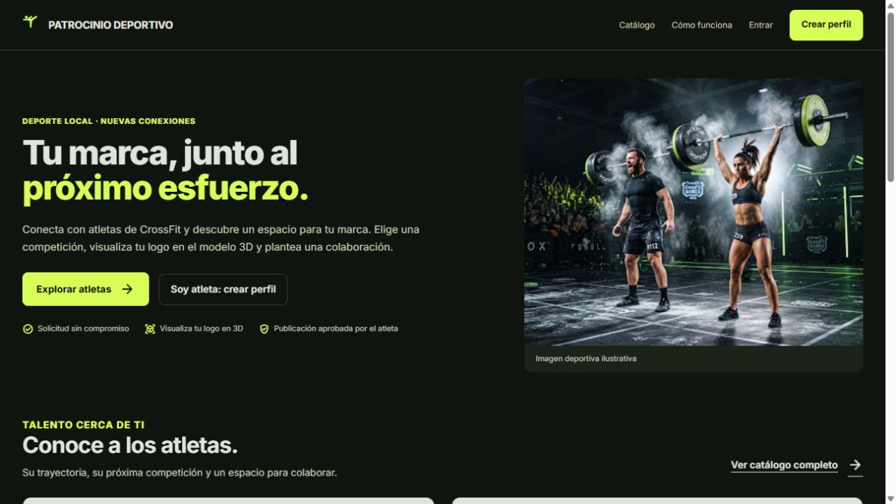 Entrada a la plataforma de patrocinio. La navegación ofrece catálogo y explicación del piloto. La primera acción permite explorar atletas o preparar un perfil.