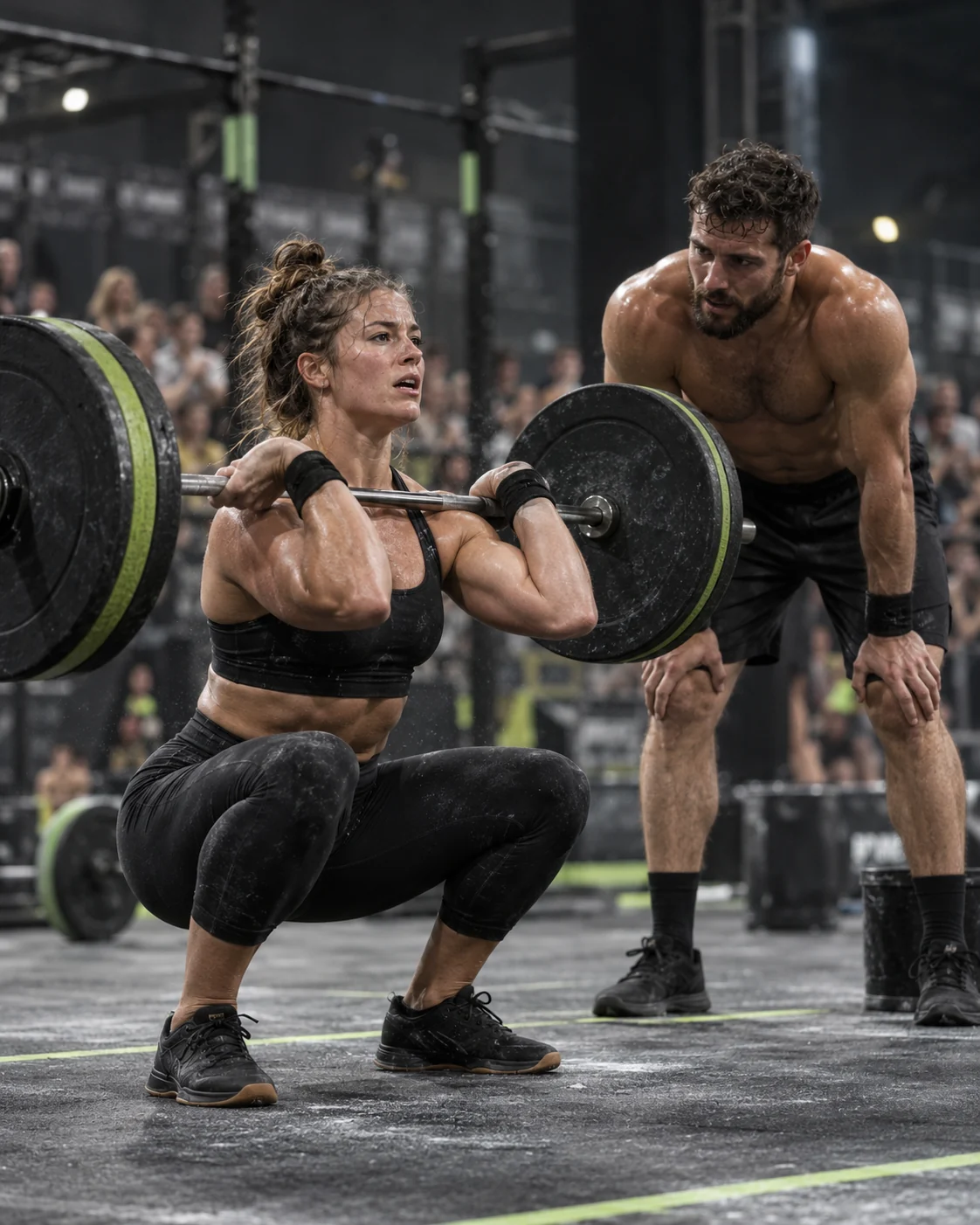 Escena ilustrativa generada con IA: dos adultos entrenan en un gimnasio de CrossFit.